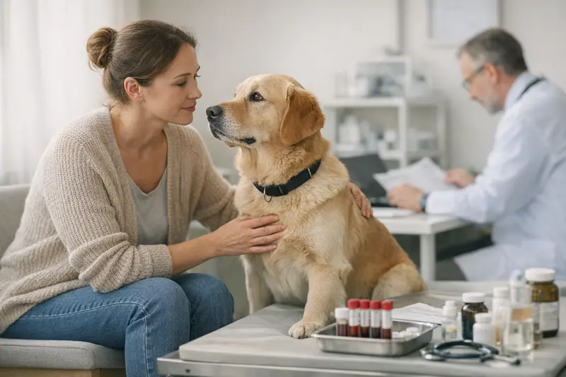 Beratung beim Tierarzt zu Hundegesundheit und Versicherung Ein Hundebesitzer konsultiert seinen Tierarzt über gesundheitliche Risiken und Versicherungsoptionen.