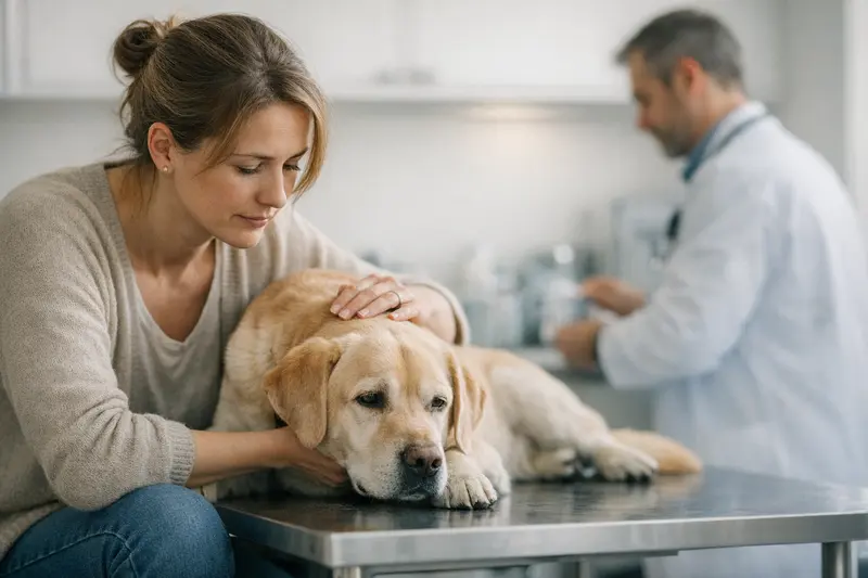 Ein besorgter Hundebesitzer, der sich Gedanken über die Gesundheit seines Hundes nach Kotkontakt macht.