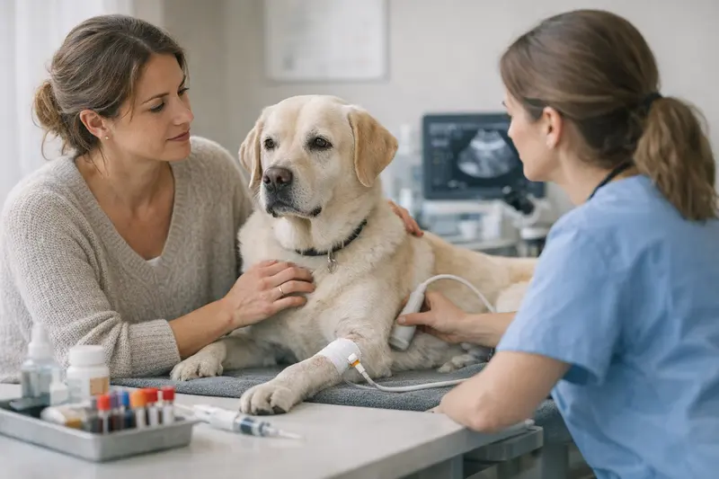 Ein Hund wird beim Tierarzt untersucht, um die Folgen der Kotaufnahme zu beurteilen.