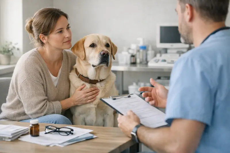 Ein Hundebesitzer vergleicht verschiedene Versicherungstarife für die Gesundheit seines Hundes.