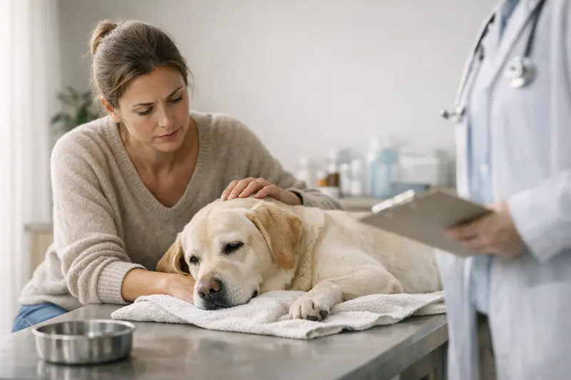 Ein Hund liegt nervös auf einem Tierarztstuhl, während ein Tierarzt ihn untersucht.
