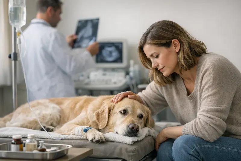Hund beim Tierarzt mit Verdauungsproblemen Ein Hund, der beim Tierarzt untersucht wird, um Verdauungsprobleme festzustellen.
