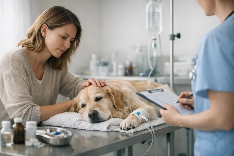 Tierarztuntersuchung bei Magen-Darm-Problemen Ein Hund wird von einem Tierarzt untersucht, was wichtige Punkte bei der Absicherung von Magen-Darm-Gesundheit verdeutlicht.