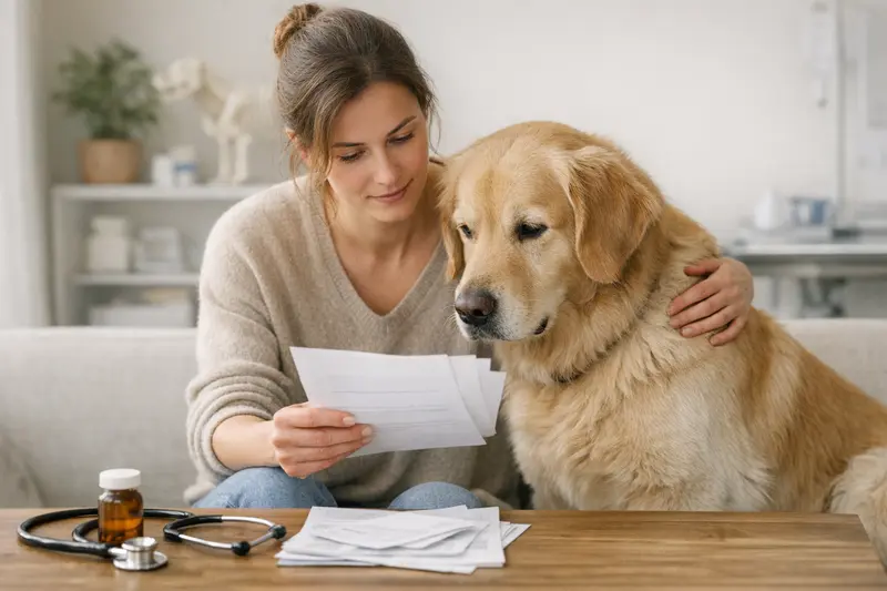 Ein Hundebesitzer vergleicht Versicherungsangebote für die Gesundheit seines Hundes.