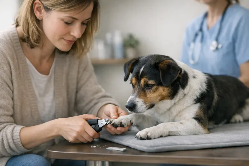 Krallenpflege beim Tierarzt Tierarzt schneidet die Krallen eines Hundes während einer Vorsorgeuntersuchung.