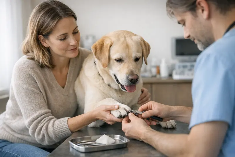 Ein Hund beim Tierarzt, der seine Kralle schneiden lässt, um zukünftige Gesundheitsprobleme zu vermeiden.