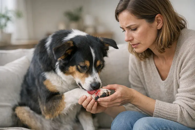 Warnsignale nach dem Krallenschneiden bei Hunden Hundehalter beobachtet die Pfote seines Hundes nach dem Schneiden der Krallen.