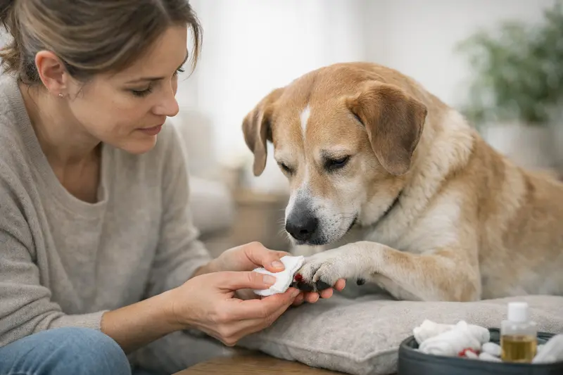 Hundekralle schneiden: Anzeichen für zu kurzes Schneiden Hund mit blutender Kralle nach dem falschen Krallenschneiden