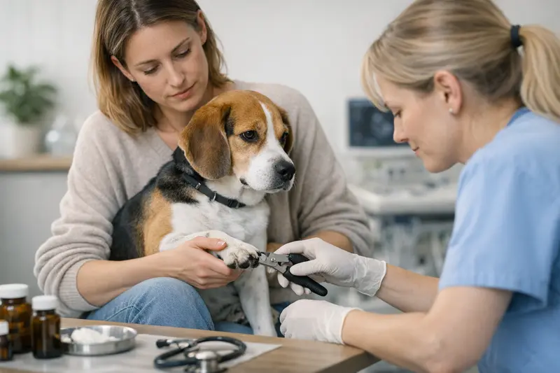 Tierarztuntersuchung bei Hundekrallenproblemen Hund mit schmerzhaften Pfotenproblemen wird von einem Tierarzt untersucht.