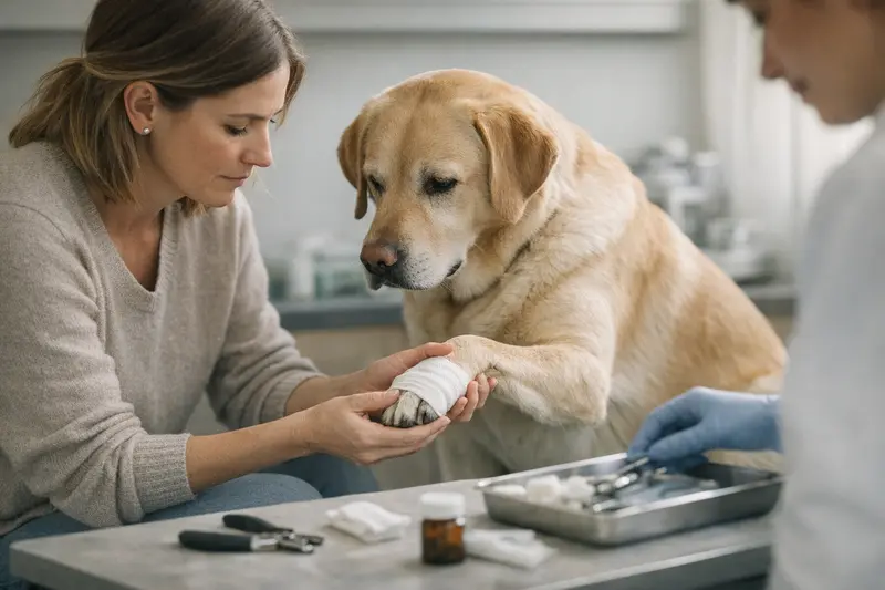Ein Hund mit einem Tierarzt, der Pfoten- und Krallenprobleme untersucht.