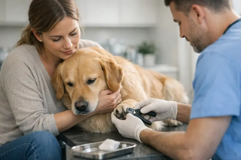 Krallenschneiden beim Hund Ein Hund bekommt seine Krallen beim Tierarzt geschnitten.