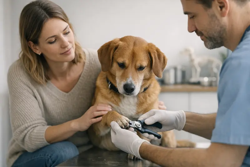 Krallenschneiden beim Hund Ein Hund beim Krallenschneiden beim Tierarzt zur Gesundheitsvorsorge.