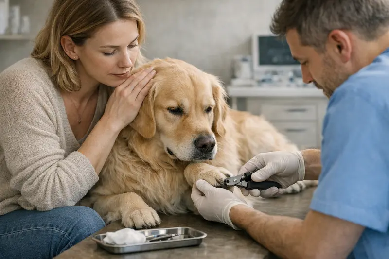Krallenschneiden beim Hund Ein Hund erhält eine sanfte Krallenpflege beim Tierarzt.