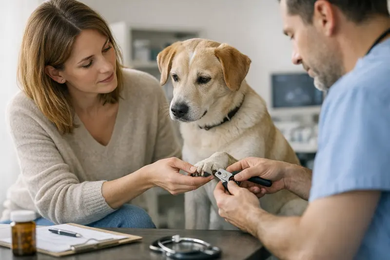 Hund beim Besuch beim Tierarzt zur Untersuchung von Pfotenproblemen, um Tierarztkosten zu planen.