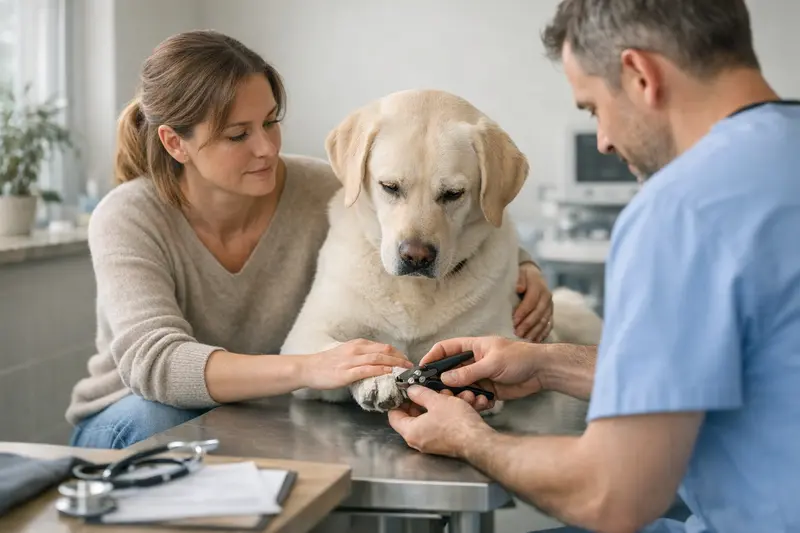 Ein Hund beim Tierarzt, der vorsichtig an den Pfoten untersucht wird.