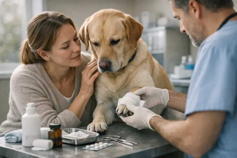 Krallenverletzung Hund beim Tierarzt Ein Hund wird beim Tierarzt behandelt, nachdem eine Krallenverletzung festgestellt wurde.