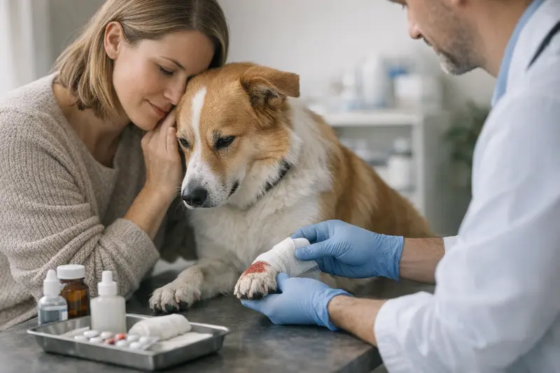 Krallenverletzungen beim Hund: Tierarztkosten und Absicherung Tierarzt untersucht die Krallen eines Hundes auf Verletzungen.