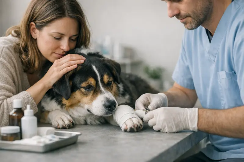 Krallenverletzungen bei Hunden Tierarzt inspiziert die Krallen eines Hundes auf Verletzungen und bereit zur Wundversorgung.