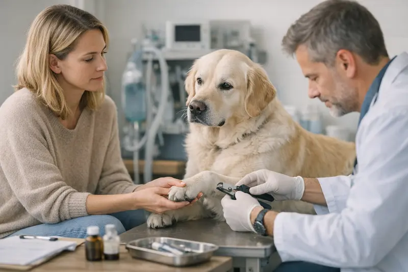 Tierarzt Hund Krallen Schneiden Tierarzt bei der Behandlung eines Hundes, der die Krallen geschnitten bekommt.