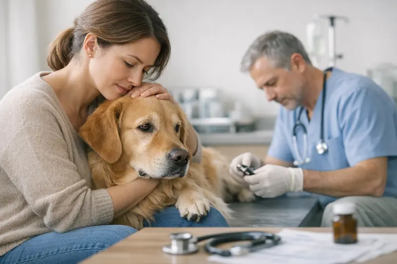 Tierarztkosten für Hunde verstehen Ein Hund beim Tierarzt, während eine Tierärztin die Kosten für ambulante Leistungen erklärt.