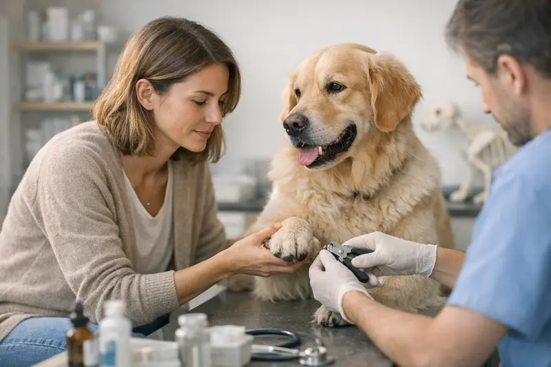 Tierarztbesuch für Hund Hund beim Tierarzt zur Kontrolle vor einer Behandlung, wichtig für Versicherungsfragen.