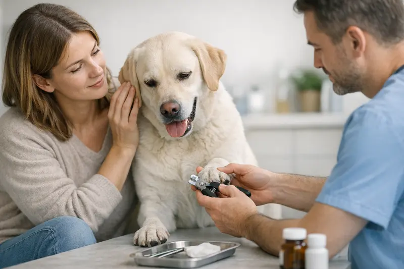 Tierarzt kürzt die Krallen eines Hundes zur Gesundheitsvorsorge, während der Hund entspannt bleibt.