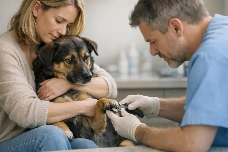 Hund mit dunklen Krallen erhält professionelle Hilfe beim Schneiden.