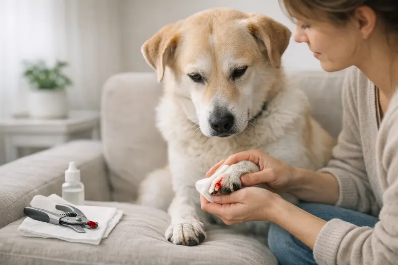Hundehalter schneidet vorsichtig die Krallen seines Hundes, um Verletzungen zu vermeiden.
