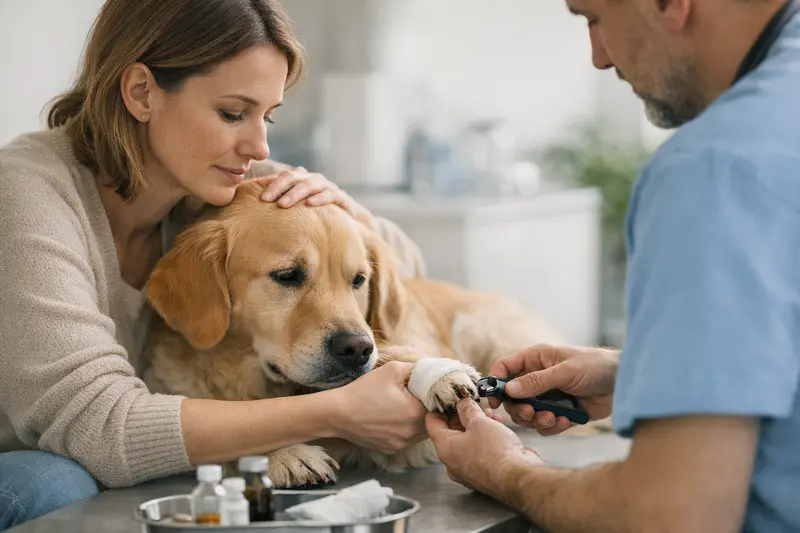 Krallenverletzungen bei Hunden: Tierarzthonorare und Versicherungsaspekte Tierarzt untersucht die Pfote eines Hundes auf Krallenverletzungen.