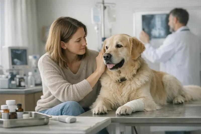 Hundekrankenversicherung und Vorsorgeleistungen Ein Hundebesitzer bespricht mit einem Tierarzt die Vor- und Nachteile von Vorsorgeleistungen in der Hundekrankenversicherung.