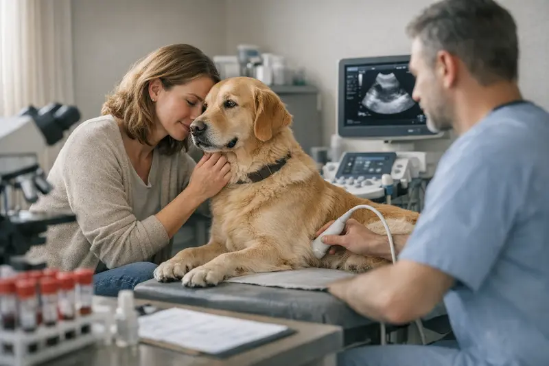 Ein Hund wird beim Tierarzt untersucht, um Diagnosetests wie Blutuntersuchungen und Ultraschall durchzuführen.