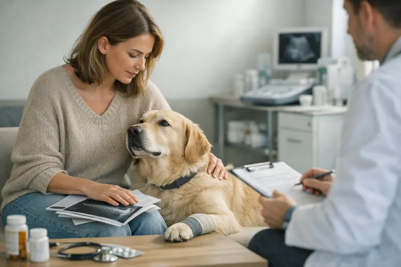 Wartezeiten und Vorerkrankungen bei der Hundekrankenversicherung Illustration zeigt eine Hundehalterin beim Gespräch mit einem Tierarzt über Wartezeiten und Vorerkrankungen.