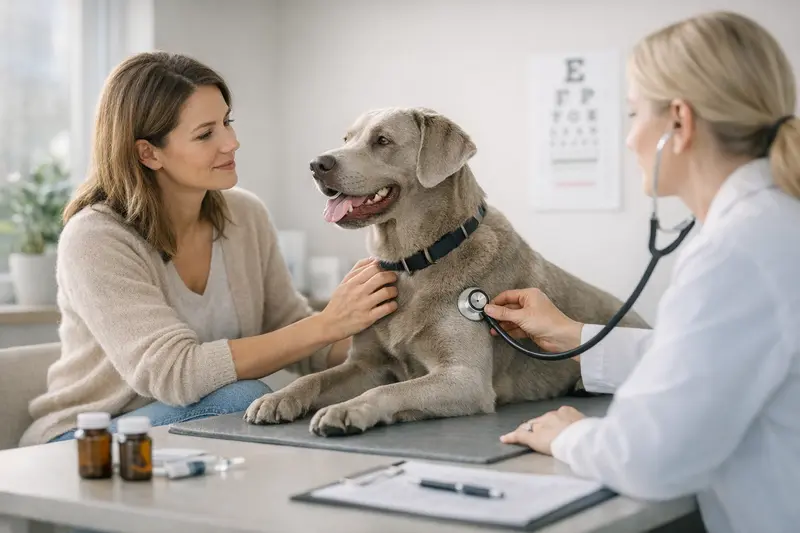 Vorsorgeuntersuchung für Hunde Ein Hundebesitzer mit seinem Hund bei einer Vorsorgeuntersuchung beim Tierarzt.