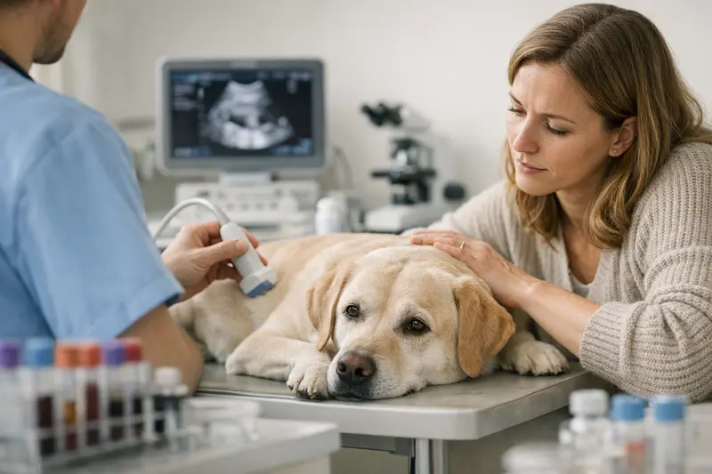 Diagnostik beim Hund – Wichtige Aspekte der Krankenversicherung Ein Hund beim Tierarzt, während eine Diagnose durchgeführt wird, um Gesundheitsprobleme frühzeitig zu erkennen.
