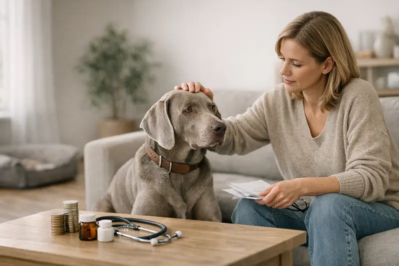 Tarifmerkmale Hundekrankenversicherung Hunde vor einem Tierarzt, die auf Gesundheitsdienstleistungen und Versicherungskosten hinweisen.