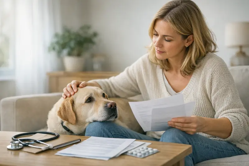 Hundekrankenversicherung Wartezeiten und Ausschlüsse Ein Hund beim Tierarzt, der sorgfältig über Wartezeiten und Ausschlüsse von Krankenversicherungen informiert wird.