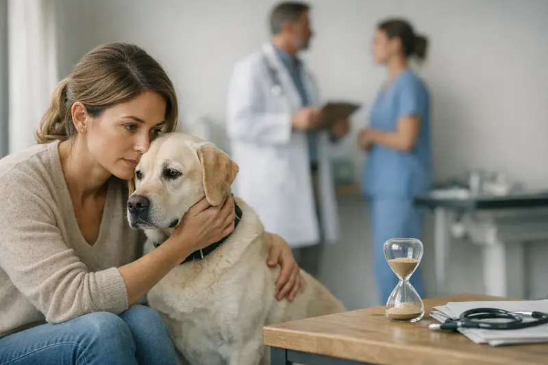 Untersuchung eines Hundes beim Tierarzt Tierarzt bei der Untersuchung eines Hundes zur Klärung von Wartezeiten der Krankenversicherung.