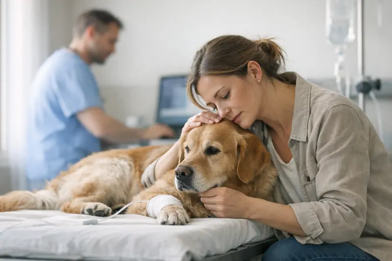 Notfalltierarzt und Klinikbehandlung für Hunde Hund, der in einer Klinik untersucht wird, während ein Tierarzt Notfallleistungen prüft.