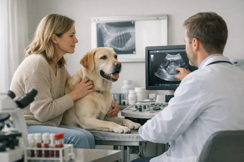 Hundekrankenversicherung und Diagnostik Tierarzt untersucht einen Hund auf mögliche Gesundheitsrisiken mit diagnostischen Mitteln.