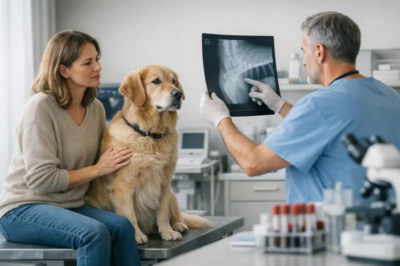 Ein Hund wird beim Tierarzt für ein Röntgenbild untersucht, um Diagnosen zu stellen.