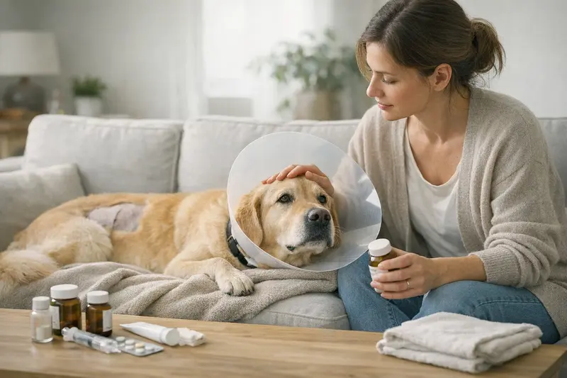 Hundehalterin diskutiert mit Tierarzt über Nachsorge nach einer Behandlung