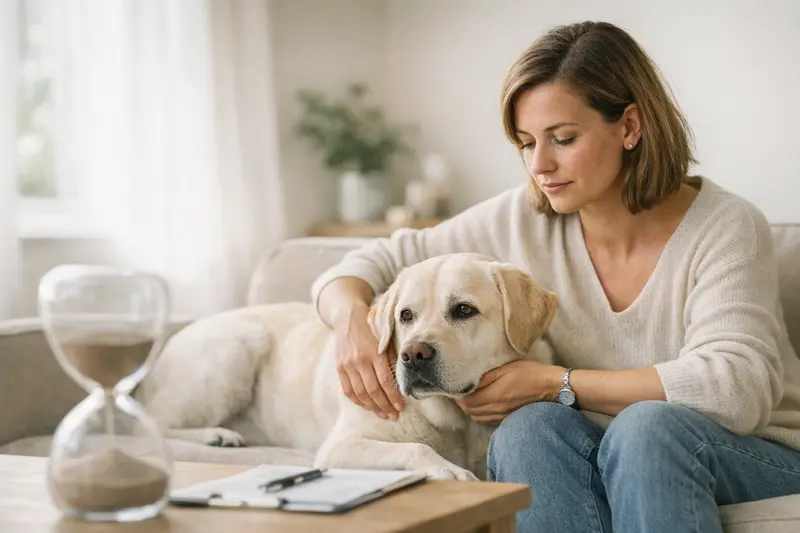 Ein Hund liegt entspannt auf einer Decke, während eine Tierarztpraxis im Hintergrund sichtbar ist, was auf die Bedeutung der Wartezeit bei Hundekrankenversicherungen hinweist.