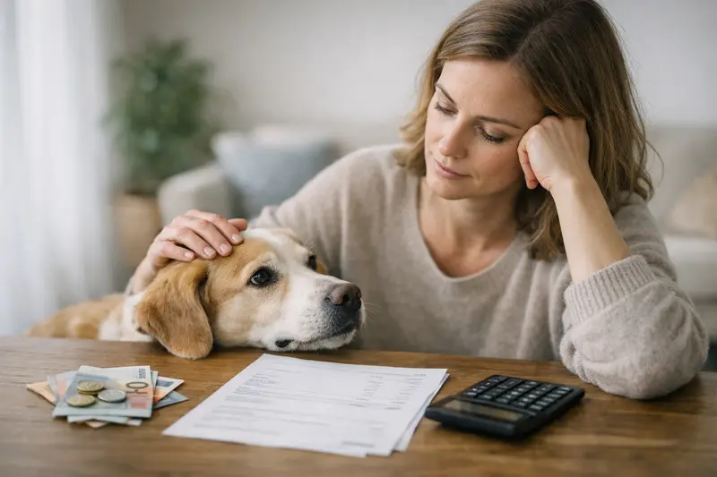 Ein Hundebesitzer bespricht die Selbstbeteiligung seiner Tierkrankenversicherung mit einem Tierarzt.