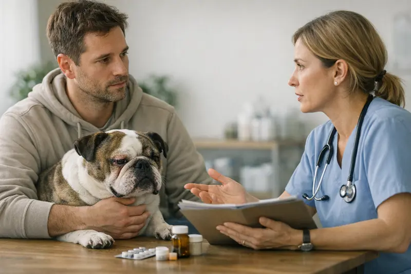 Rassebedingte Gesundheitsrisiken und Versicherungsschutz Hunde und Katzen mit rassebedingten Gesundheitsrisiken in einer Tierarztpraxis.