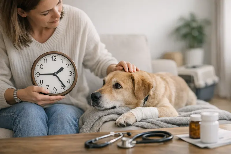 Wartezeiten in der Hundekrankenversicherung Eine Tierärztin erklärt einem Hundebesitzer die Wartezeiten in der Krankenversicherung für Hunde.