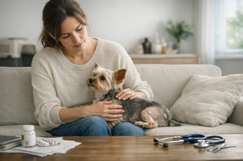 Ein kleiner Hund sitzt beim Tierarzt und erhält eine Untersuchung.