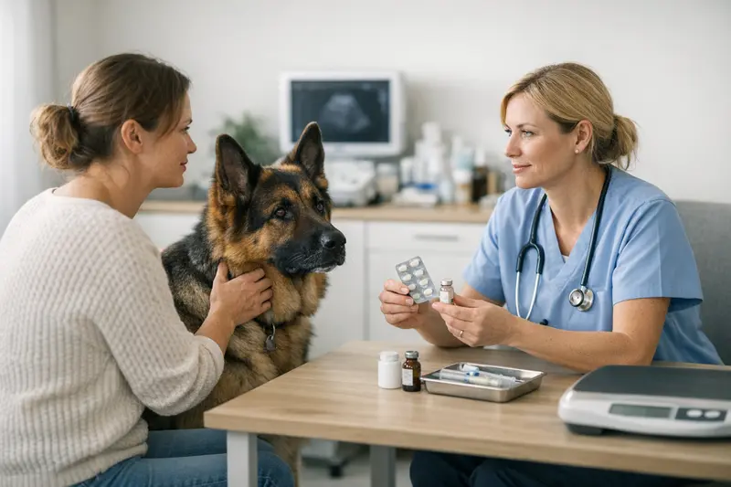 Tierarztkosten für große Hunde Großer Hund beim Tierarzt mit Medikamenten in der Nähe, die die erhöhten Kosten verdeutlichen.