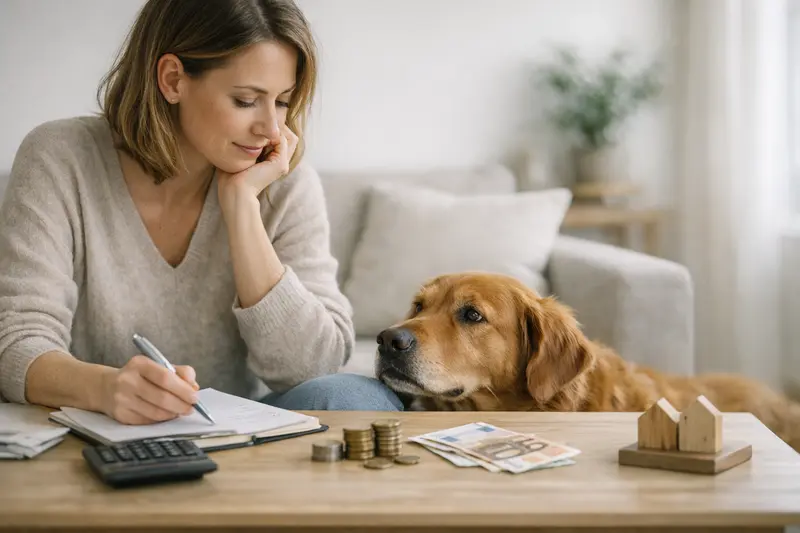 Selbstbeteiligung in der Hundekrankenversicherung Ein Hund mit einem Tierarzt ganz entspannt in einer Praxissituation, die Selbstbeteiligung der Hundekrankenversicherung wird thematisiert.