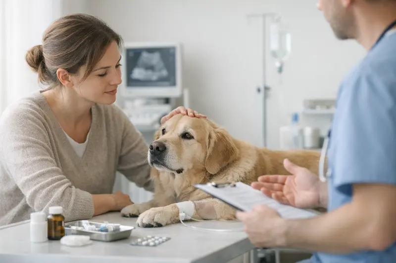 Tierarzt untersucht einen Hund vor einer Operation, um OP-Leistungen zu beurteilen.