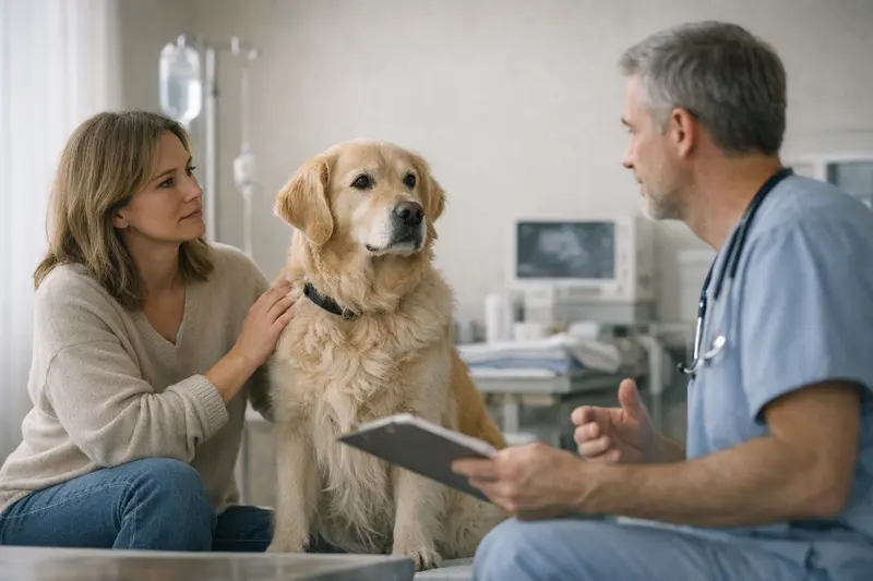 Hundekrankenversicherung und Notdienst Ein Hundebesitzer bespricht mit einem Tierarzt die Notdienstkosten einer Hundekrankenversicherung.